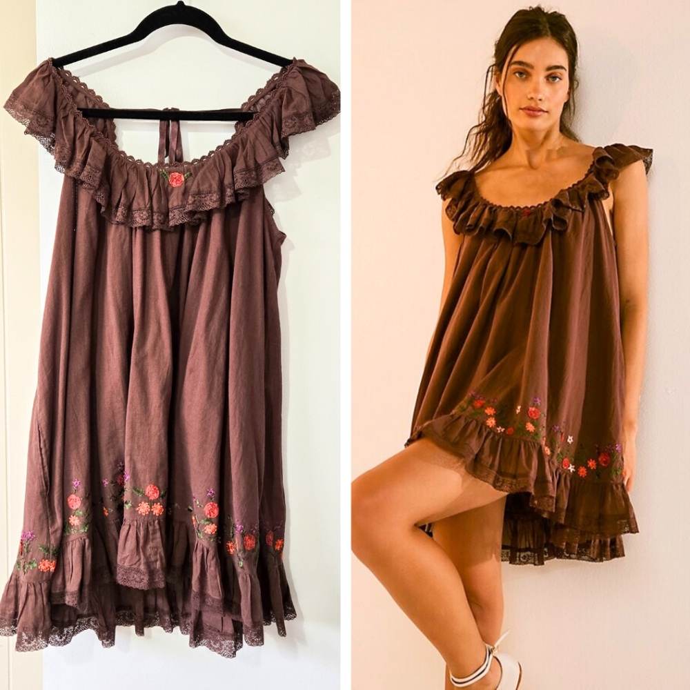 Free People Buttercup Embroidered Floral Mini Dress Coconut Shell Brown Medium